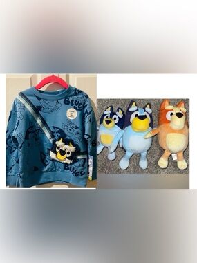 Bluey plush lot of 3 sound effect stuffed plush plus 3T shirt with pouch NWT